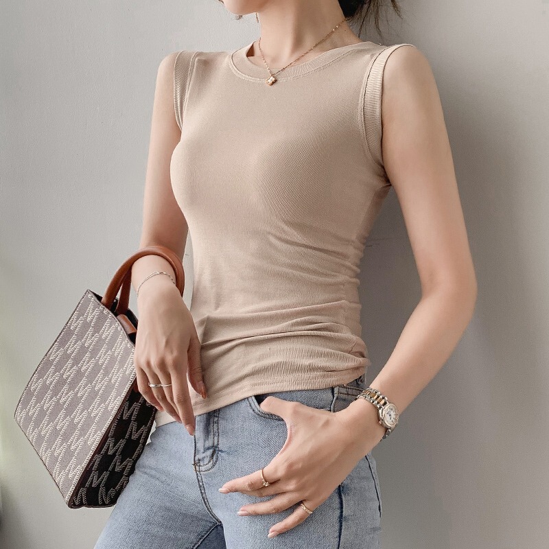 Sleeveless T-Shirt for Women, European Style, 2024 Summer New Slim-Fit Round Neck Tank Top, Can Be Worn as an Inner Layer or Outerwear