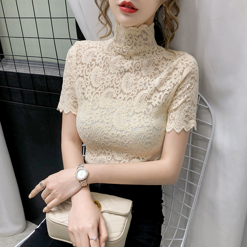 Semi-high lead lace undershirt woman summer dress 2022 new Eurostock foreign pie undershirt with short sleeve mesh yarn blouses