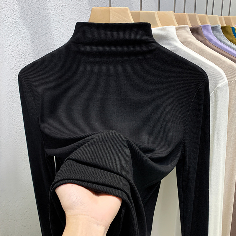 Modal Half-High Collar Fleece-Lined Base Shirt for Women, Autumn and Winter 2024 New Style Top, Brushed Black T-Shirt for Women, Inner Layer