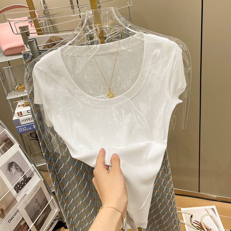 2024 New Summer U-Neck Tight-Fitting T-Shirt for Women, Short-Sleeved White Half-Sleeve T-Shirt, Trendy Design Top for Women