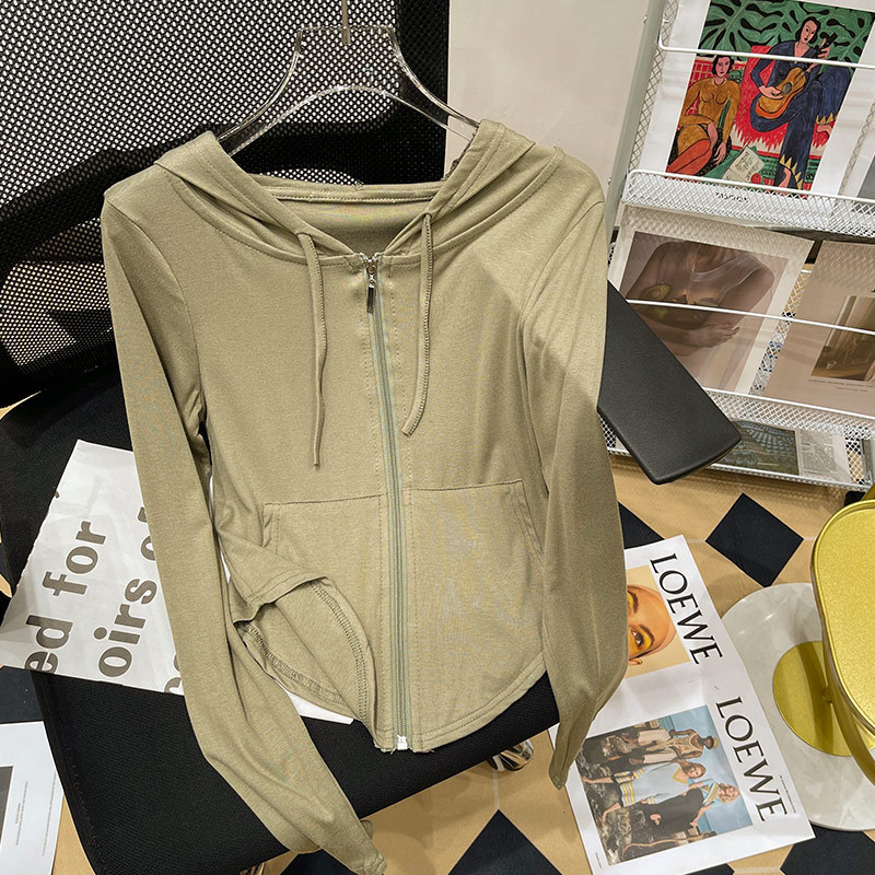 Sun Protection Hooded T-Shirt, Long-Sleeved Base Layer Top for Women, Early Autumn Thin Zip-Up Cardigan Jacket, Irregular Short Top