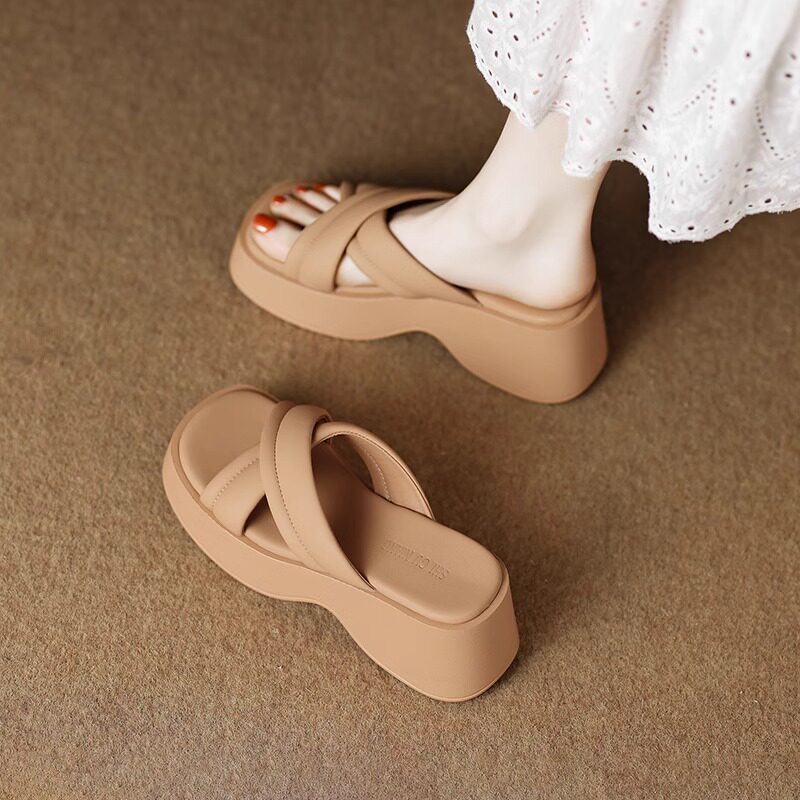 松糕厚底半拖女2026夏季新款时尚坡跟仙女风小个子外穿高跟凉拖鞋