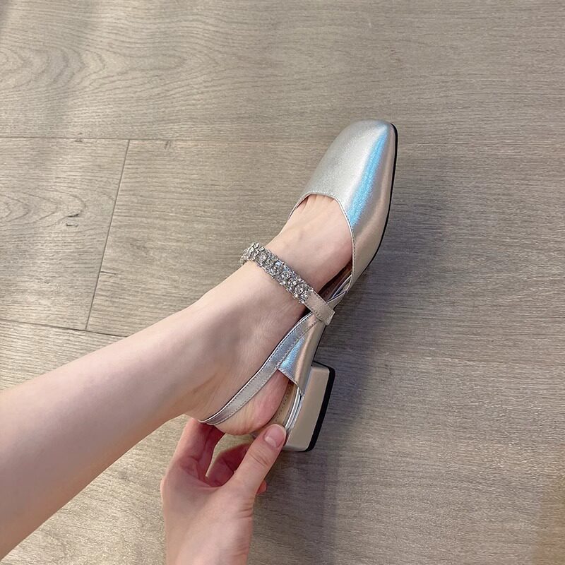 包头凉鞋女夏季2024年新款时尚漆皮仙女风水钻方头粗跟玛丽珍单鞋