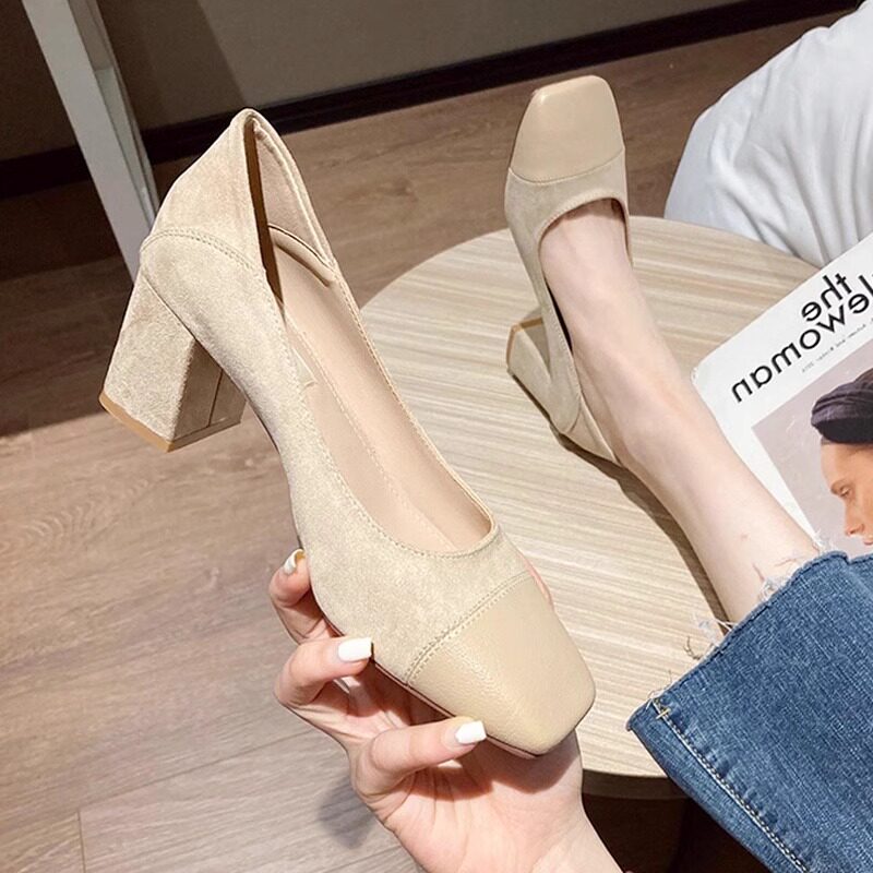 方头高跟鞋女夏季2024年新款法式复古小香风通勤百搭浅口粗跟单鞋