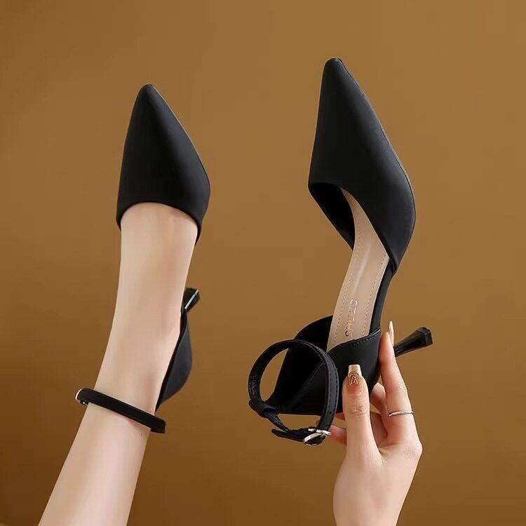 尖头细跟高跟鞋女2025春夏季新款外穿中空凉鞋配裙子一字扣带单鞋