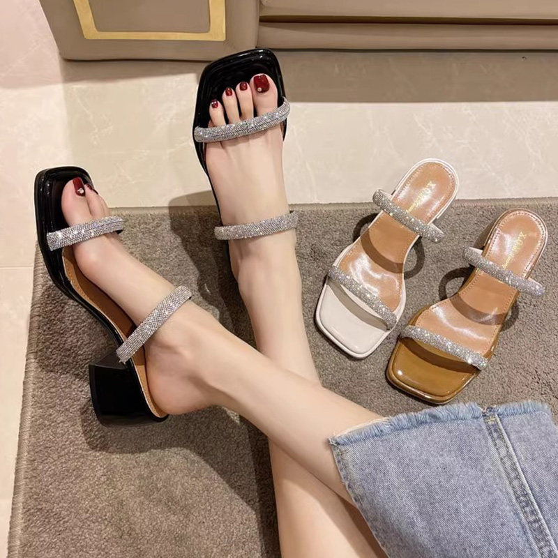 水钻粗跟凉拖鞋女2024夏季新款时尚气质百搭仙女风外穿高跟凉拖鞋