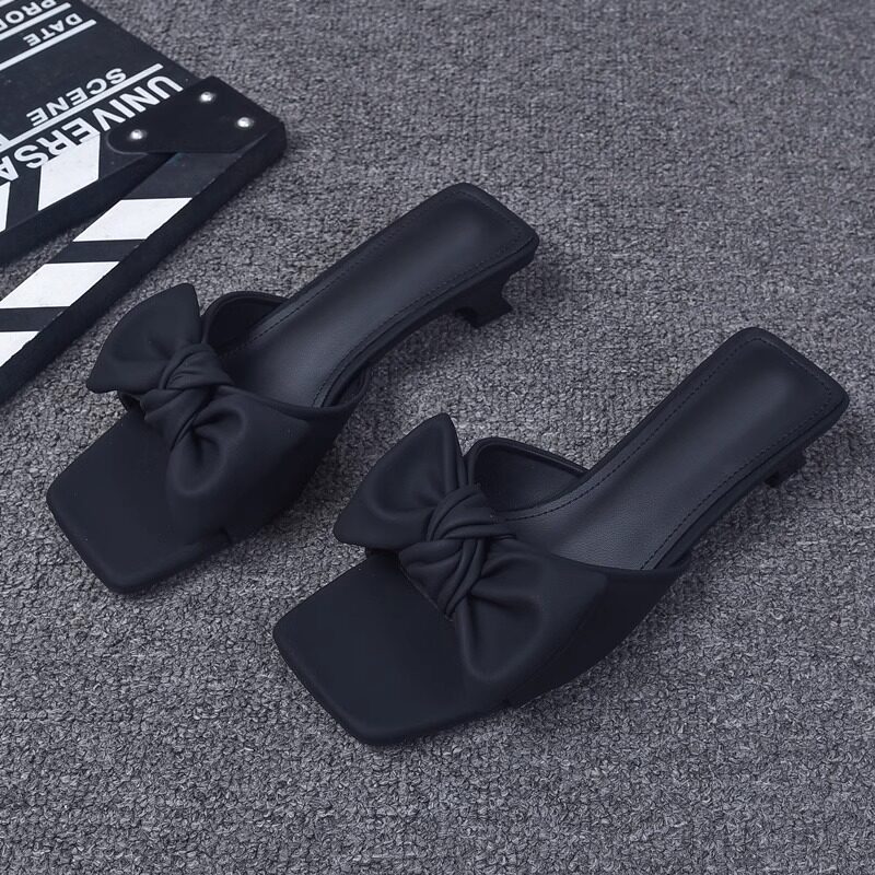 粗跟凉拖鞋女夏季外穿2024新款仙女风时尚百搭高跟蝴蝶结一字拖鞋