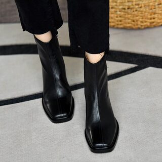 Black Square-Toe Chunky Heel Short Boots for Women, Autumn and Winter, Fleece-Lined, 2025 New French Versatile Ankle Boots, Genuine Leather High-Heeled Slim Boots