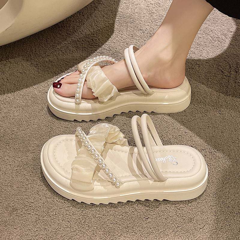 网红珍珠拖鞋女两穿夏季2023年新款仙女风厚底小香风外穿沙滩凉鞋