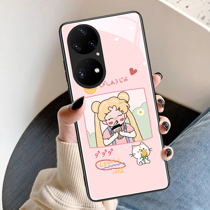 Beauty girl is suitable for Huawei P50 mobile phone protection shell new P50pro cartoon cute P40pro protective sleeve ten mesh red female P30pro tide card glass P20 personality creative p