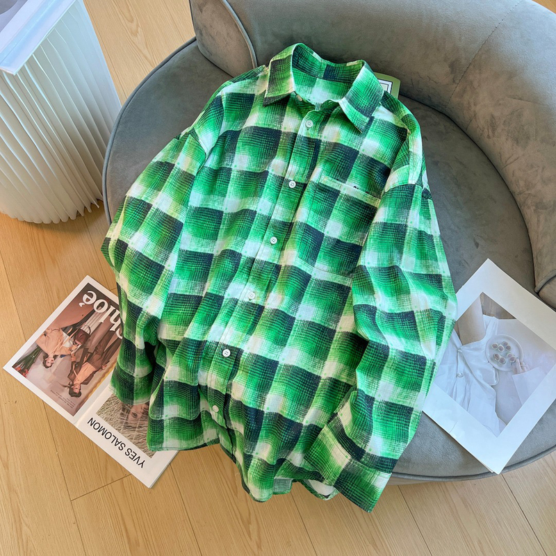 Nordic Style a Niche Green Plaid Patchwork Turn-Down Collar Casual Loose Pocket Long-Sleeve Shirt Unisex