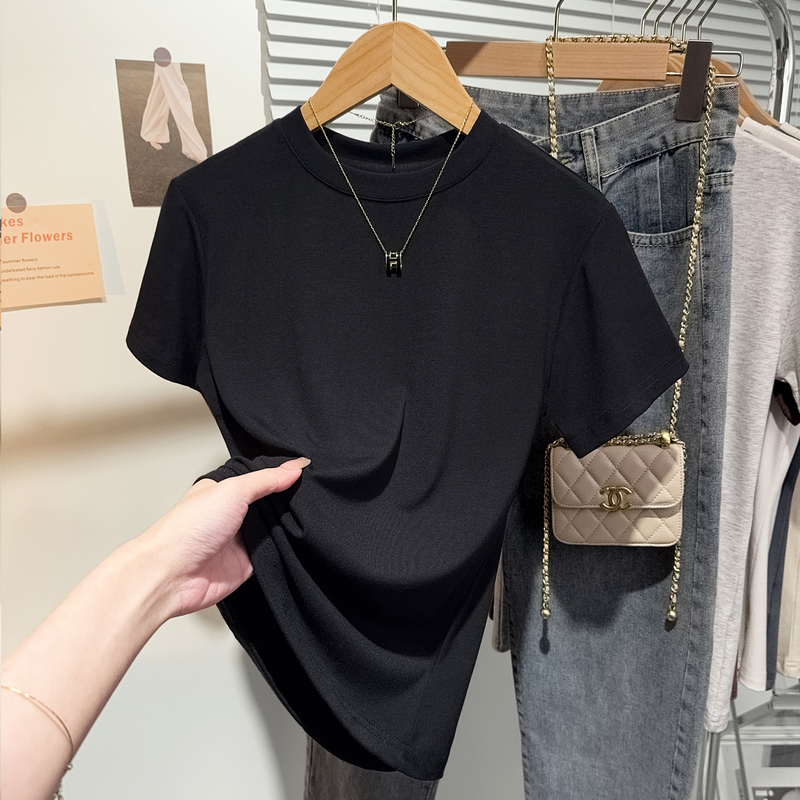 Threaded Round Neck Black Short-Sleeved T-Shirt for Women, Summer Suit Inner Top, Tight-Fitting Regular Shoulder T-Shirt, Base Layer Shirt Threaded Round Neck Black Short-Sleeved T-Shirt for Women, Summer Suit Inner Top, Tight-Fitting Regular Shoulder T-Shirt, Base Layer Shirt