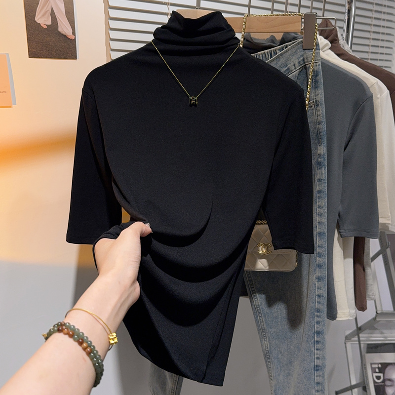Turtleneck Mid-Sleeve T-Shirt for Women 2026 New Stylish Slim-Fit Half-Sleeve High-Neck Top Five-Quarter Sleeve Ribbed Base Shirt Turtleneck Mid-Sleeve T-Shirt for Women 2026 New Stylish Slim-Fit Half-Sleeve High-Neck Top Five-Quarter Sleeve Ribbed Base Shirt