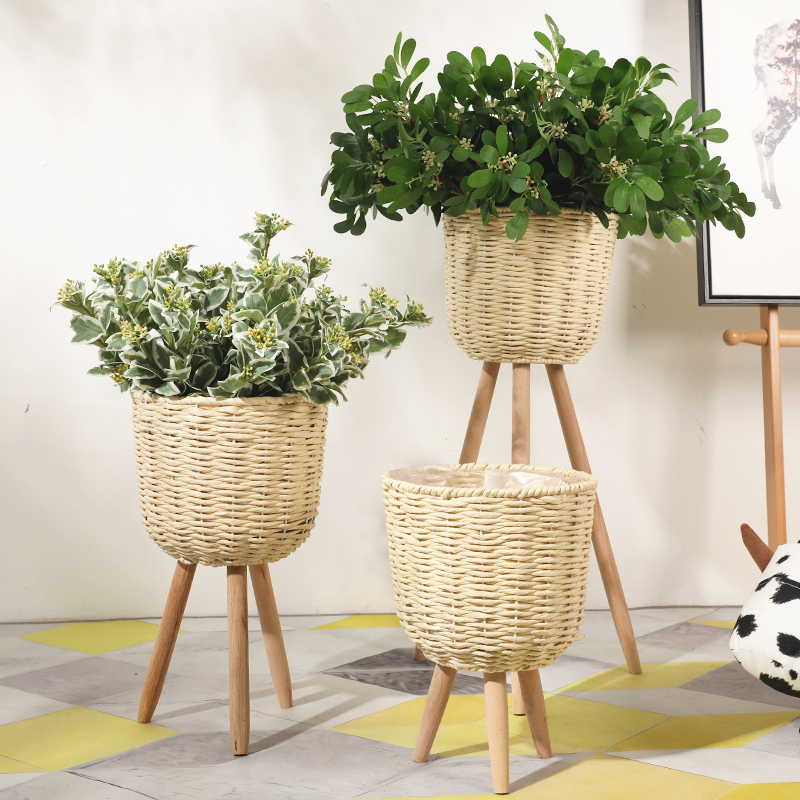 Taihuan American Fields Garden Ins Wind Hand Woven Basket Vines Chicket Basket Home Creative Flower Racks With Wooden Leg Flower Pots Pendulum