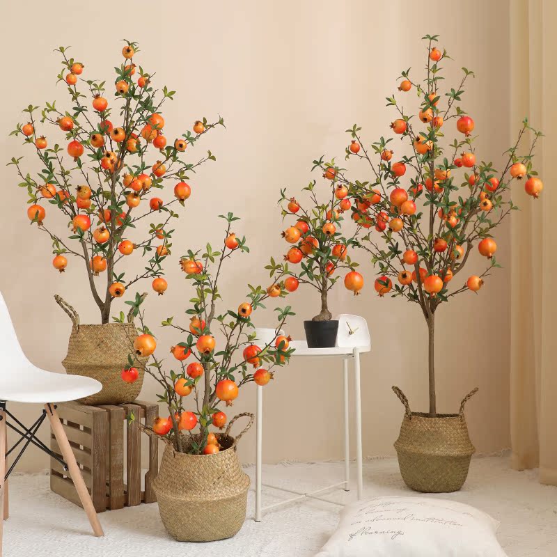 Pomegranate Fruit Artificial Tree Potted Plant Fake Tree New Chinese Zen Style Living Room Floor-Standing Ornament Festive Opening Housewarming Decoration