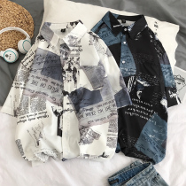 Shirt women retro port flavor super A top chic summer short sleeve newspaper shirt design sense niche 2021 New
