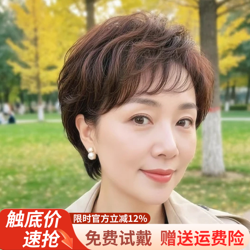 Wig for Women, Full Head Cover, Real Hair, Middle-Aged and Elderly Ladies, Mother Style, Natural Texture, Daily Lightweight Wig Set