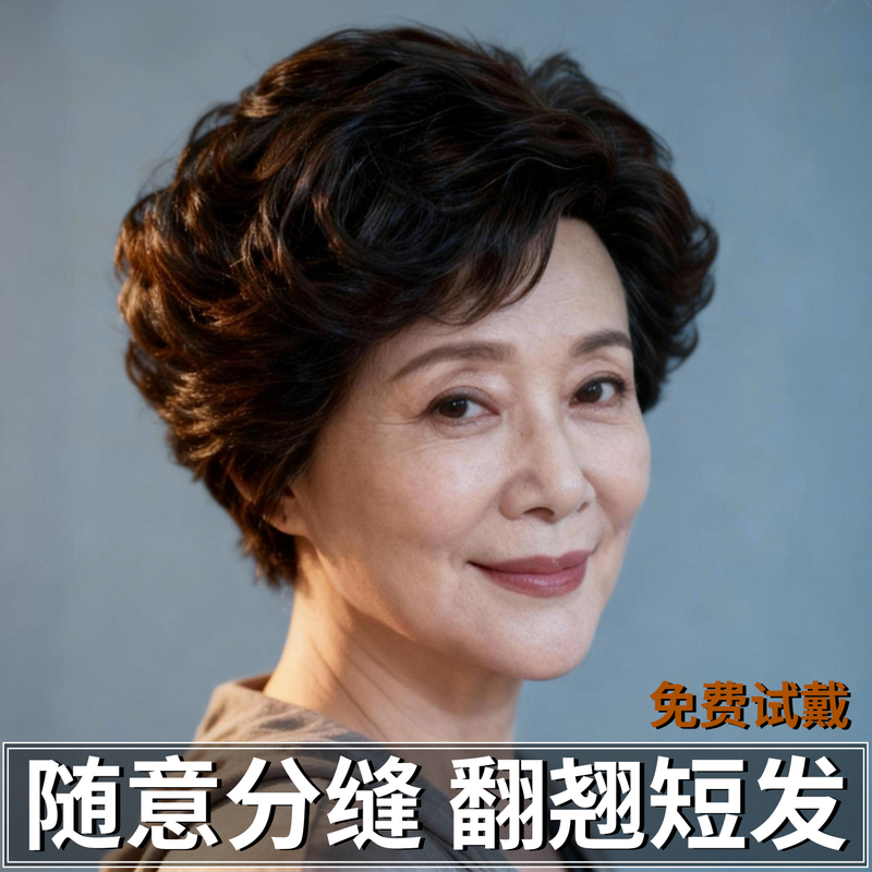Mom's Wig Is Made of Real Human Hair, Short Curly Hair, Suitable for Middle-Aged and Elderly Women, Lightweight and Wavy Texture, Full Head Wig for Summer