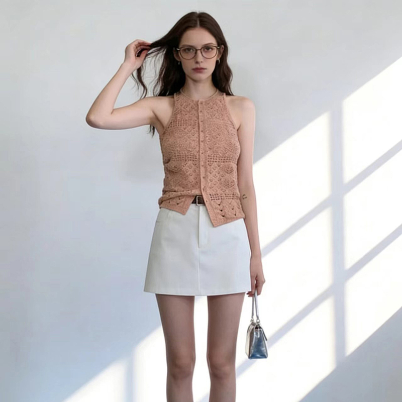 Huaappuw Thin Crochet Hollow Knit Vest 2026 Spring and Summer New Solid Color Short Cardigan Top for Women