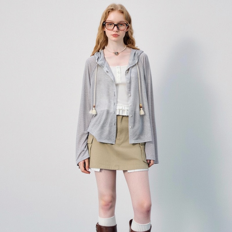 Huaappuw Tencel Gray Tassel Drawstring Hooded Thin Short Jacket Sun Protection Cover-Up for Women 2026 Spring and Summer New Style