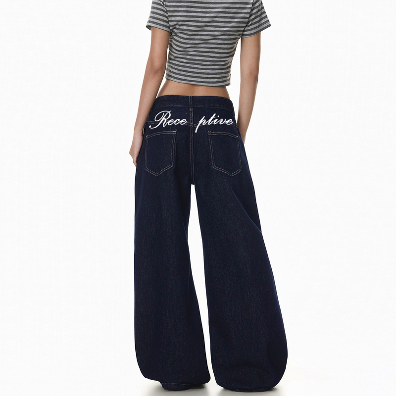 Freemary Original Denim Blue Mid-Low Waist Embroidered Jeans for Women, Slimming, Versatile, Loose Straight Wide-Leg Pants