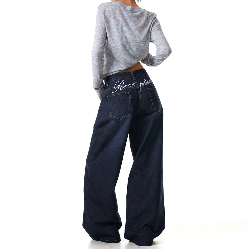 Freemary Original Blue-Gray Embroidered Jeans for Women, Slimming, Versatile, Loose, Drapey, Straight-Leg Wide-Leg Pants