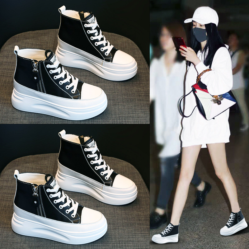 Inner heightening small white shoes women's 2021 spring new all-match show feet small casual leather thick bottom 8cm high tube single shoes