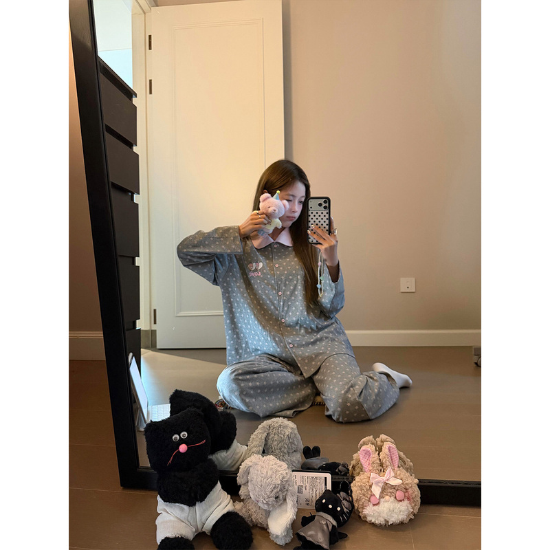 Sweet Gray Star Pajamas for Women 2026 New Spring and Summer Long-Sleeved Long Pants Super Popular Lazy Style Home Wear Set