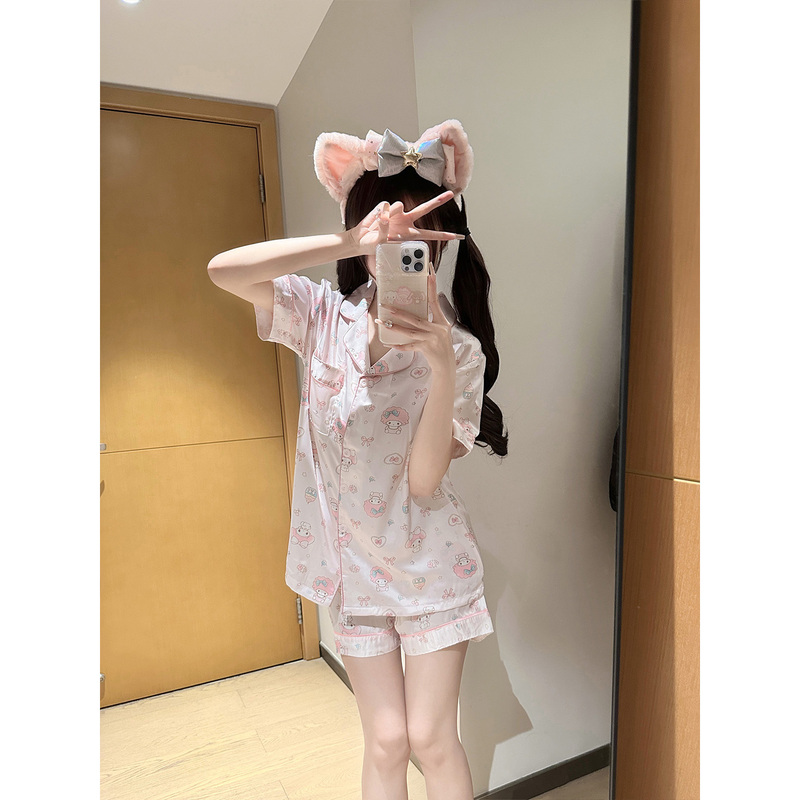 Cute Pink Rabbit Ice Silk Pajamas for Women, Summer Short-Sleeved with Chest Pads, Sweet and Petite Homewear Set, Thin Cute Pink Rabbit Ice Silk Pajamas for Women, Summer Short-Sleeved with Chest Pads, Sweet and Petite Homewear Set, Thin