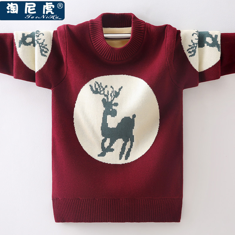 Boys' sweater pullover pure cotton knitted autumn and winter children's suit plus velvet padded foreign pie base