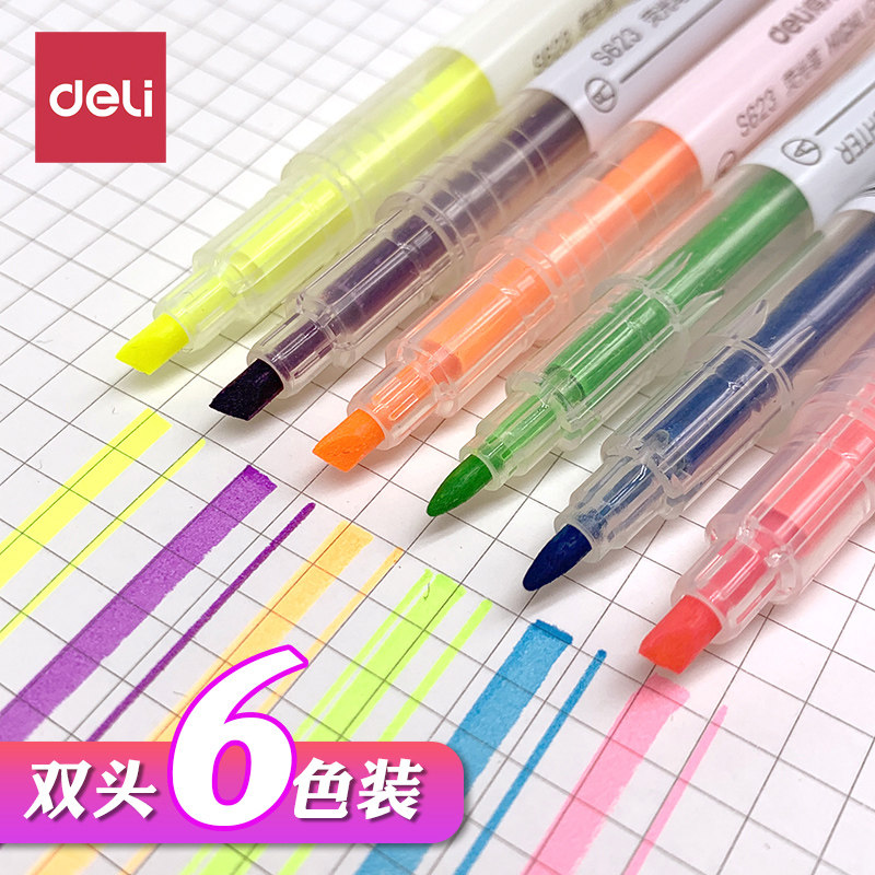 Able Fluorescent Pen Double Head Fluorescent Marker Pen 6 Color Tasteless Students With Colorful Coarse Scratches Focus Mark Pen Soft Color Fructose Color Office Document Scribe BRIGHT SILVER LIGHT FLUORESCENT PEN