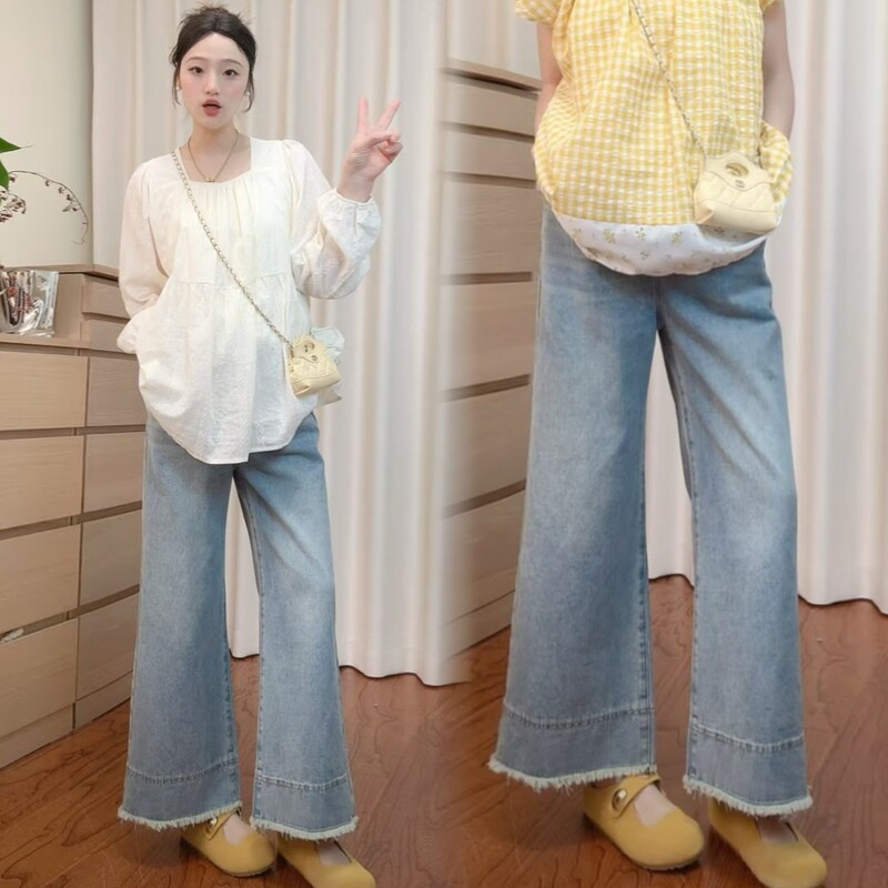 Maternity Jeans, Spring Style, Outerwear, Frayed Hem, Straight Wide-Leg Cropped Pants, Petite, High-Waisted, Loose, Slimming, Thin Summer Style Maternity Jeans, Spring Style, Outerwear, Frayed Hem, Straight Wide-Leg Cropped Pants, Petite, High-Waisted, Loose, Slimming, Thin Summer Style