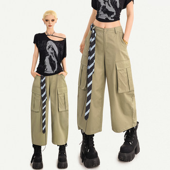 Cool molly army green multi-pocket workwear style wide leg pants women's 2026 summer temperament versatile casual pants paratrooper pants