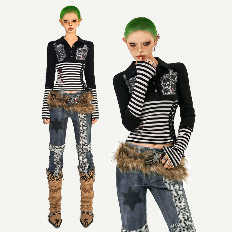 Milk Cool Molly Original 2026 Subculture Y2K Outfit Printed Striped Patchwork Waist-Cinching Long-Sleeve T-Shirt with Collar Top
