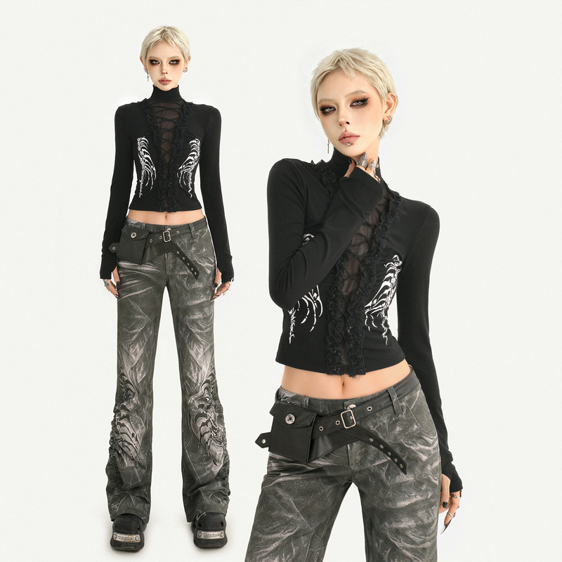 Milk Cool Molly American-Style Black Printed Long-Sleeve T-Shirt for Women, Slim Fit, Lace Splicing, Rock Girl Style Top