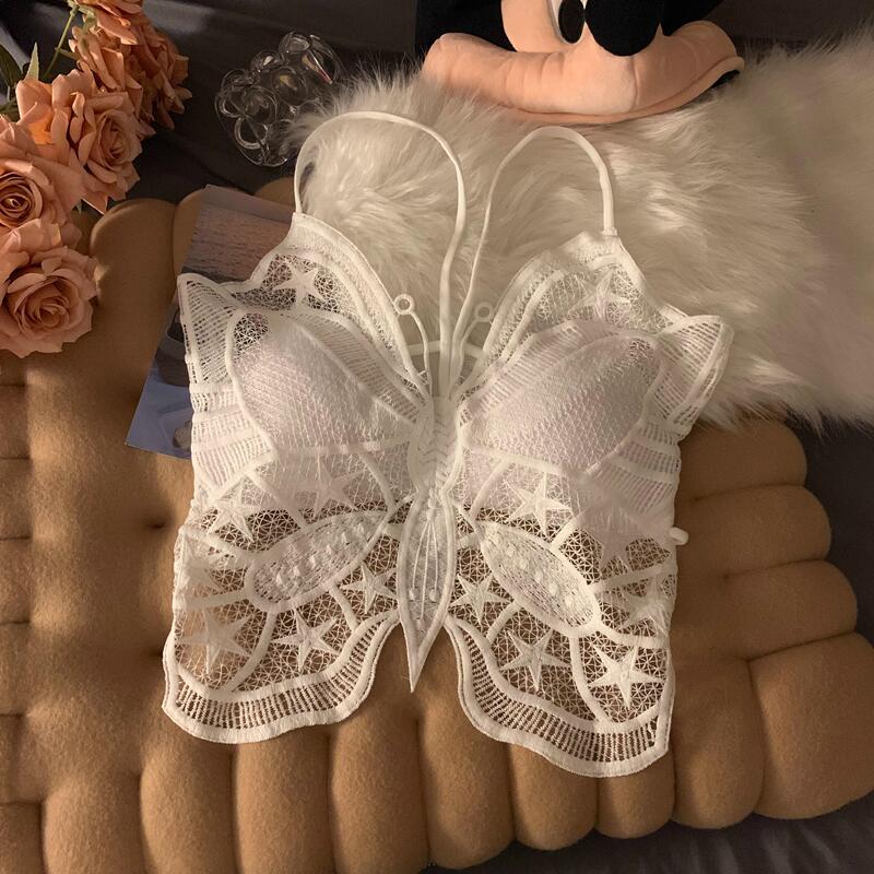 Sexy Strapless Butterfly Design Camisole for Women with Breast Pads, Beautiful Back Bra, Integrated Underwear, Lace Top