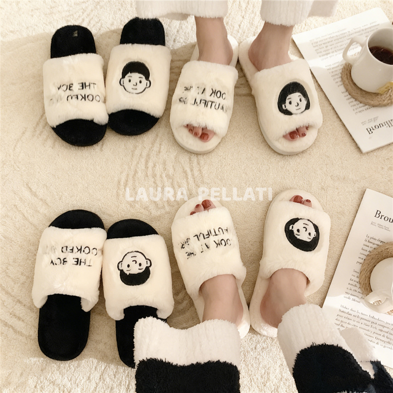 Geielo Pique Couple Cotton Slippers for Autumn and Winter, Home Silent Non-Slip Warm Plush Cotton Shoes, Unisex Slip-Ons