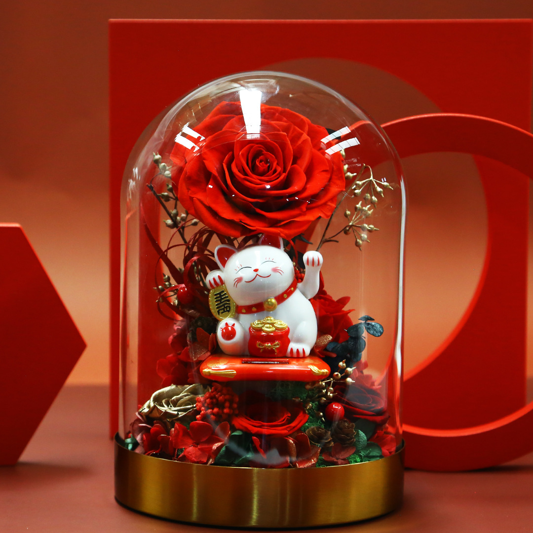 Immortal flower gift box rose lucky cat glass cover transfer cat creative to send girlfriend girlfriend birthday gift for Christmas