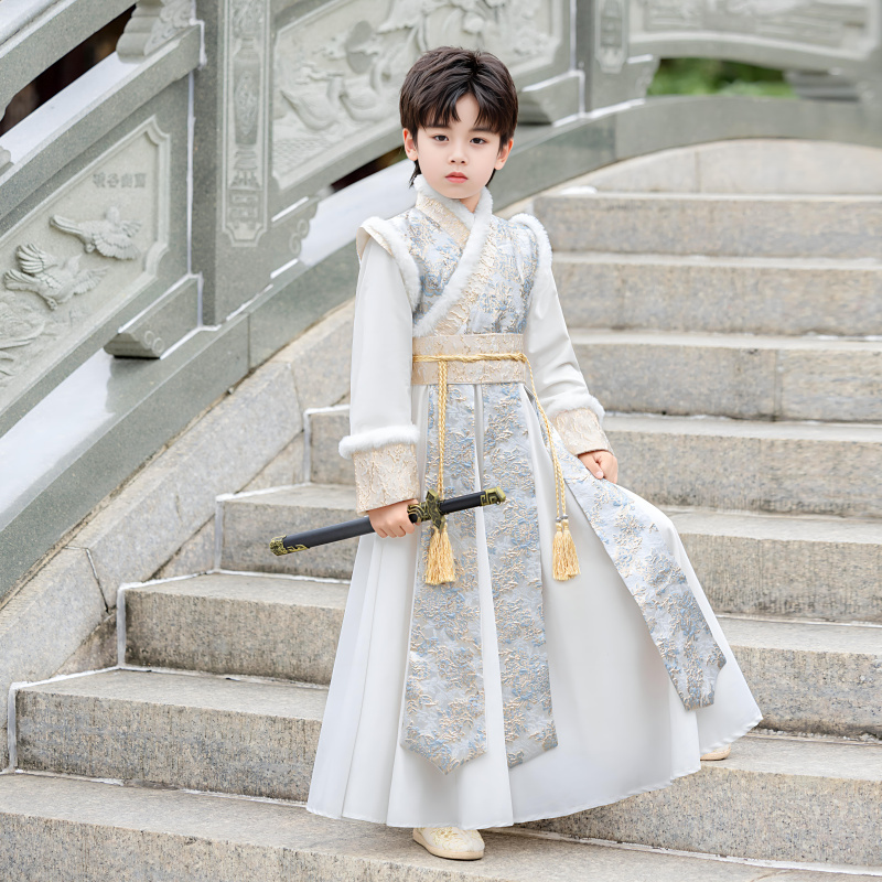 Children's Hanfu for Boys, Winter Style, Stylish and High-End Ming-Style Warrior Costume, Ancient Style Tang Suit, Winter Fleece-Lined, Traditional Chinese Clothing