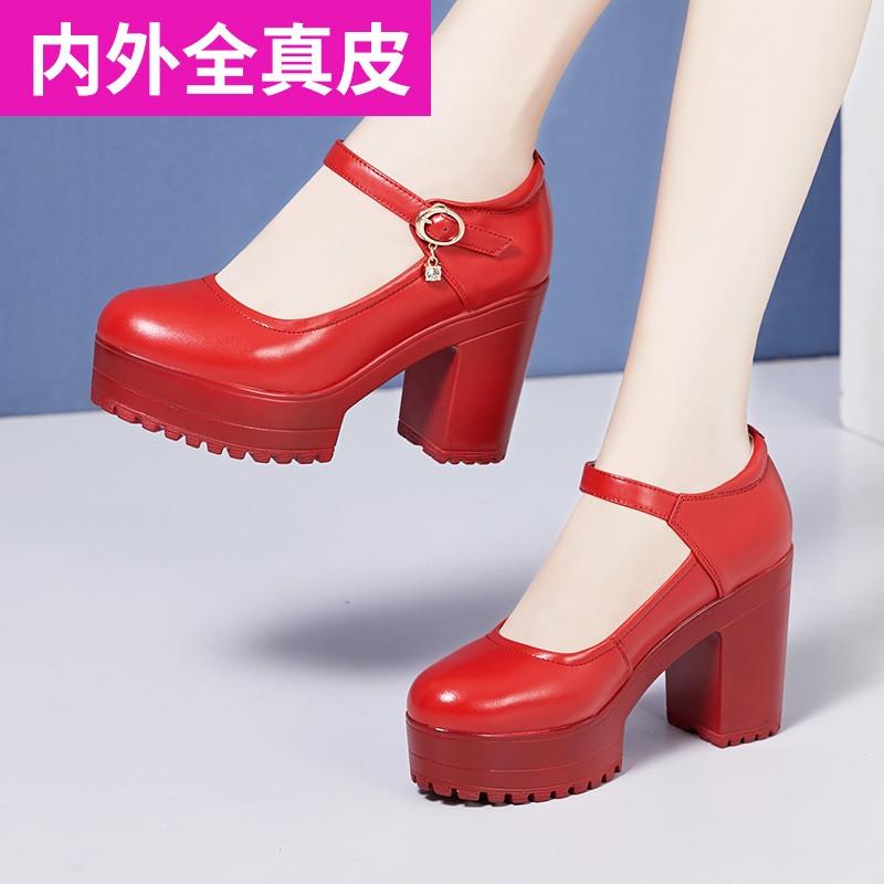 Red Genuine Leather Round-Toe High-Heeled Chunky Heel Wedding Shoes with Thick Platform Waterproof Soft Cowhide Model Training Cheongsam Runway Shoes for Women