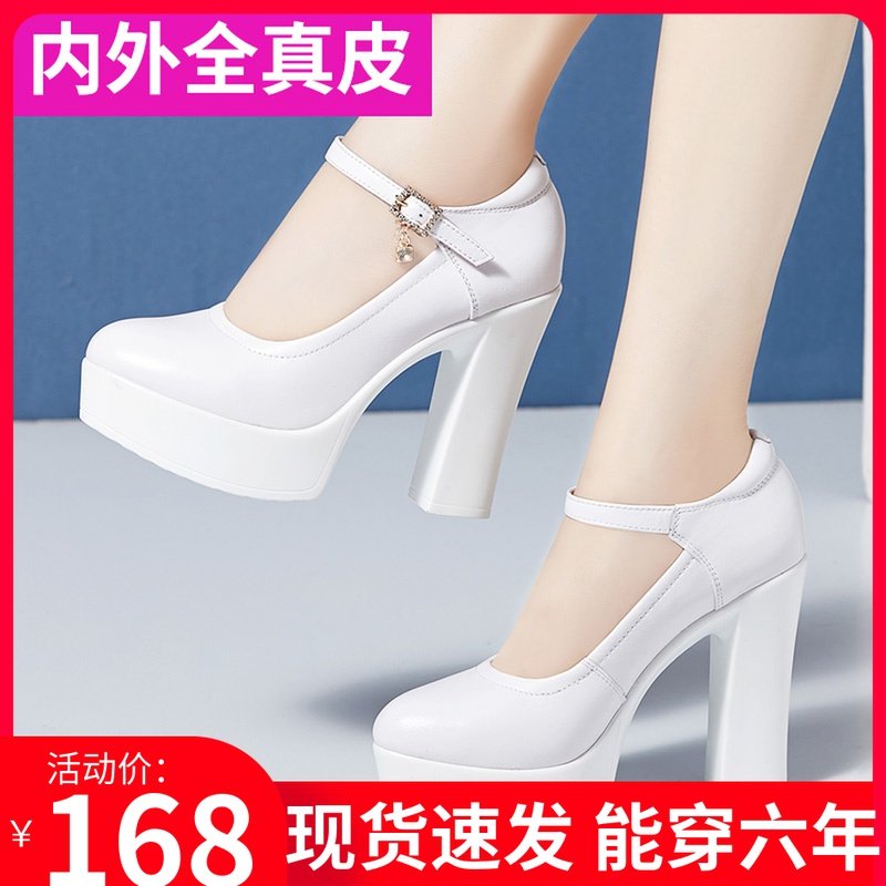 Cheongsam T Tai leather 12cm high heel single shoe block heel round toe waterproof platform white comfort catwalk shoes women's shoes
