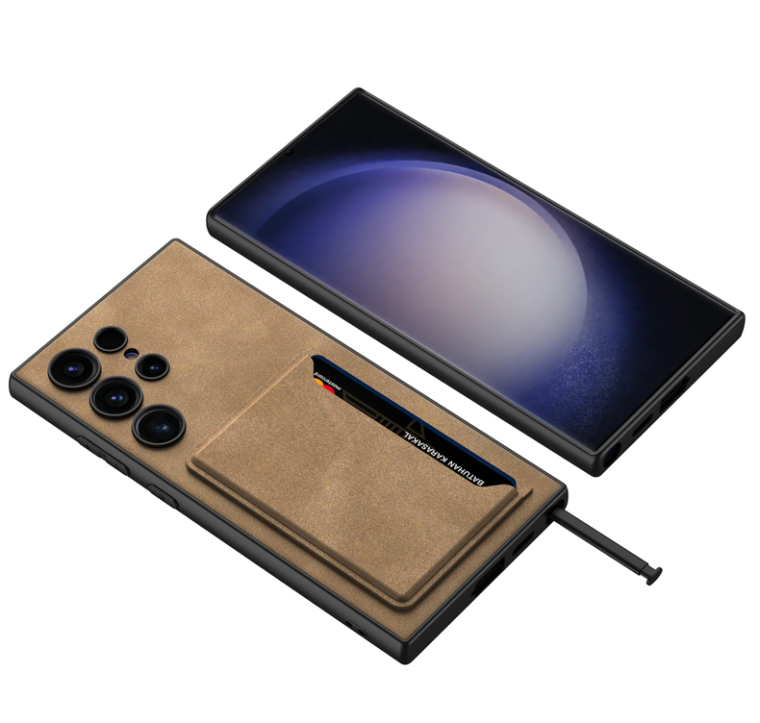 Business Synthetic Leather Card Holder Kickstand Wireless Charging Compatible S24, S24 Plus, S24 Ultra Samsung Phone Case