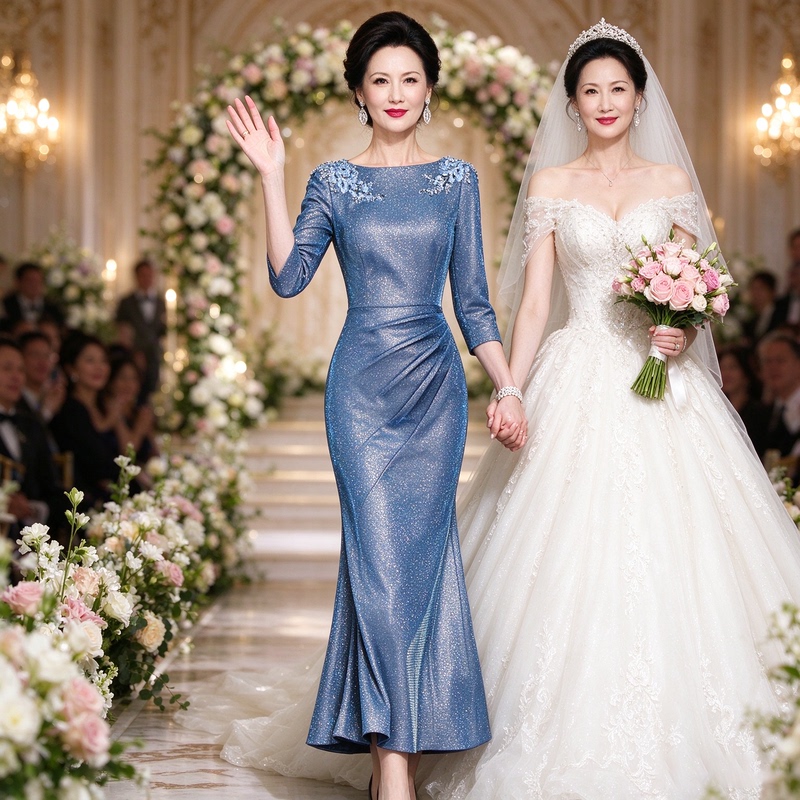 Elegant Blue Sequin Mermaid Dress for Mother of the Bride, Wedding Banquet Dress, Light Luxury Three-Quarter Sleeve Dress