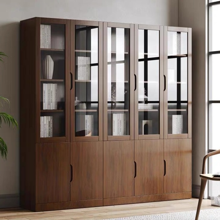 Solid Wood Oak Bookcase with Glass Door, Home Bookshelf, Antique Walnut Color, Floor-Standing Study Room Office Storage Cabinet Solid Wood Oak Bookcase with Glass Door, Home Bookshelf, Antique Walnut Color, Floor-Standing Study Room Office Storage Cabinet