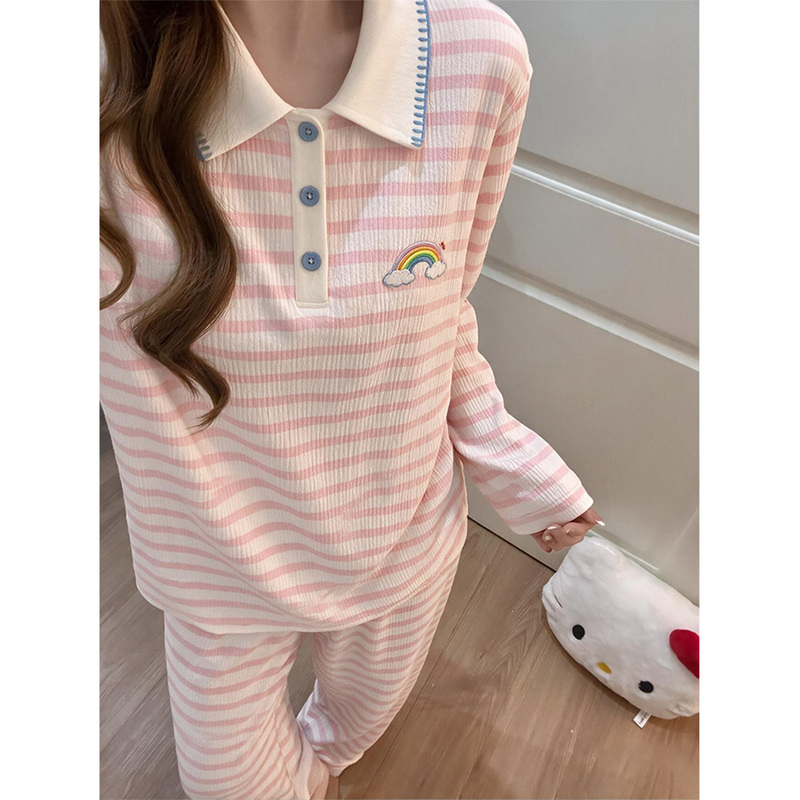 Sweet Pink Striped Rainbow Pajamas for Women 2026 New Spring and Autumn Long-Sleeved Internet Celebrity Style Home Wear Set That Can Be Worn Outside Sweet Pink Striped Rainbow Pajamas for Women 2026 New Spring and Autumn Long-Sleeved Internet Celebrity Style Home Wear Set That Can Be Worn Outside