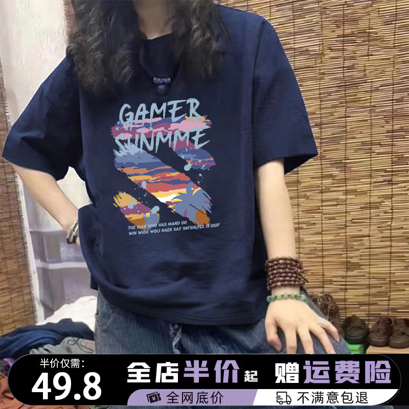 Plus Size Women's Navy Blue Pure Cotton Short-Sleeved T-Shirt 2025 New Summer Graffiti Style American Half-Sleeve Trendy Top