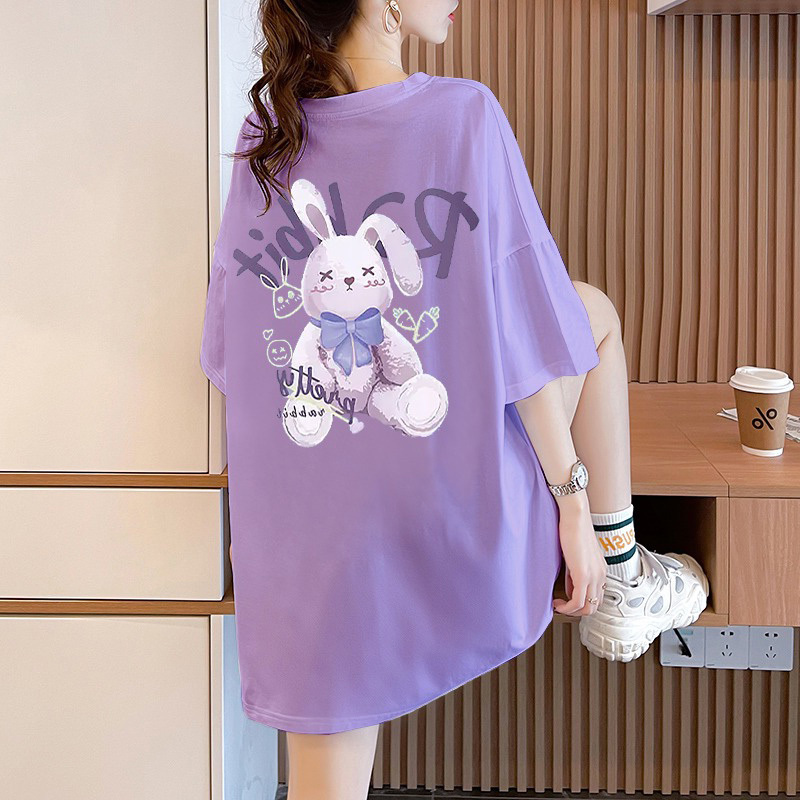 Summer Plus-Size Women's Clothing Heavyweight Pure Cotton 260g Short-Sleeve T-Shirt for Women in Purple, Slimming, Stylish Top for Chubby Women, Covers the Belly