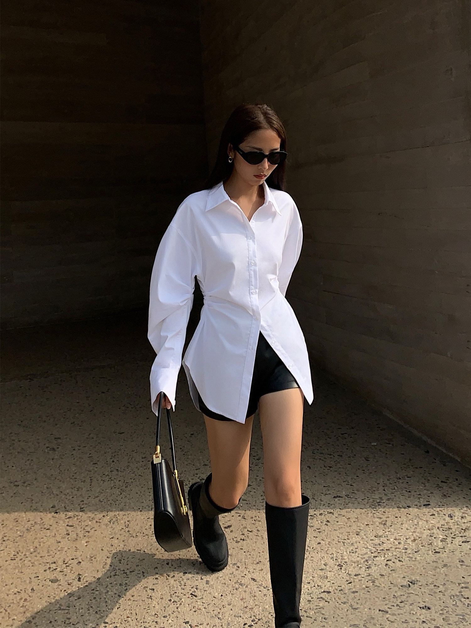 Petite & Stylish French-Style White Blouse – Adjustable Waist Slimming Long-Sleeve Top, Aesthetic Minimalist Chic Women's Shirt