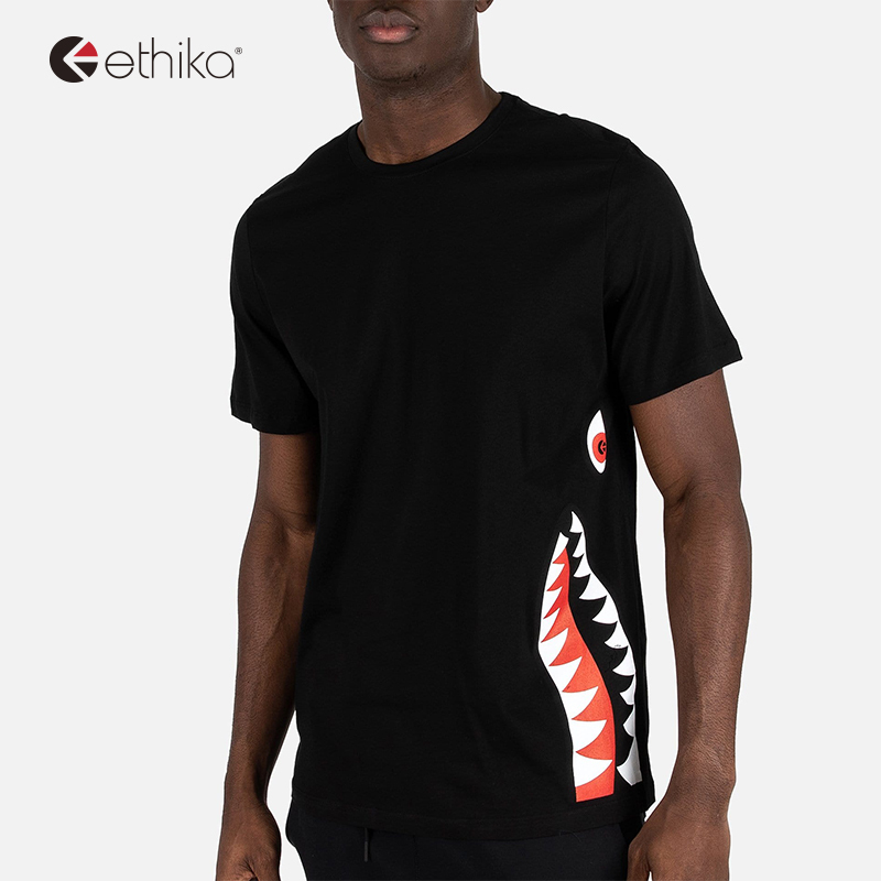 Ethika2024 New Trendy Brand Sports T-Shirt Short-Sleeved Men's Summer Thin Shark Print
