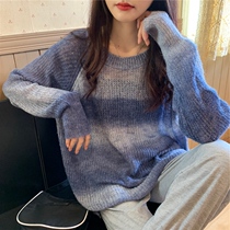 MENTMAR Soft Milky Blue Sweater Woman Autumn Winter Outwear Port Wind Loose Long Sleeve Head Hemp Flower Knit 100 lap blouse